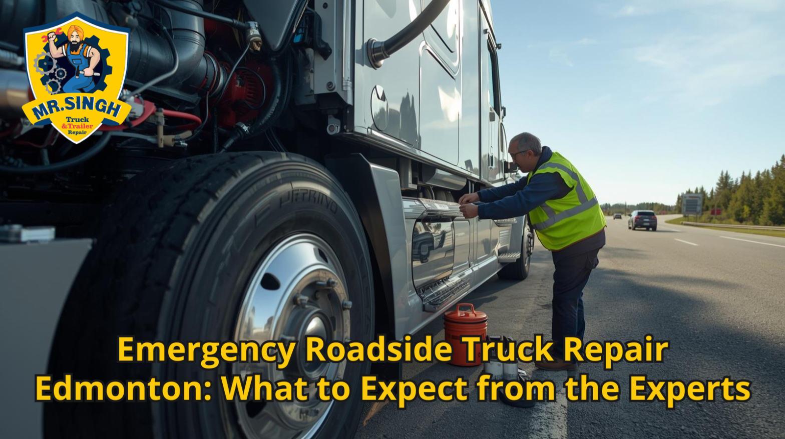 Emergency roadside truck repair service in Edmonton fixing a semi-truck during a highway breakdown