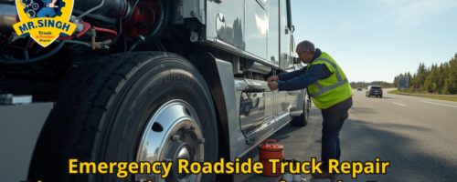 Emergency roadside truck repair service in Edmonton fixing a semi-truck during a highway breakdown