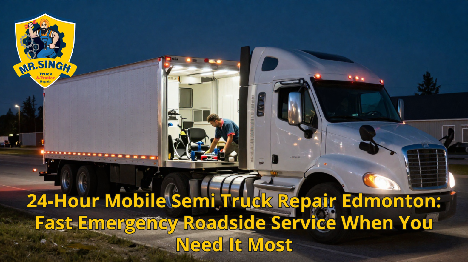 24-hour mobile semi truck repair technician providing emergency roadside service for a heavy-duty truck in Edmonton.