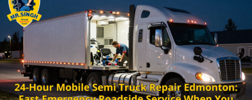 24-hour mobile semi truck repair technician providing emergency roadside service for a heavy-duty truck in Edmonton.