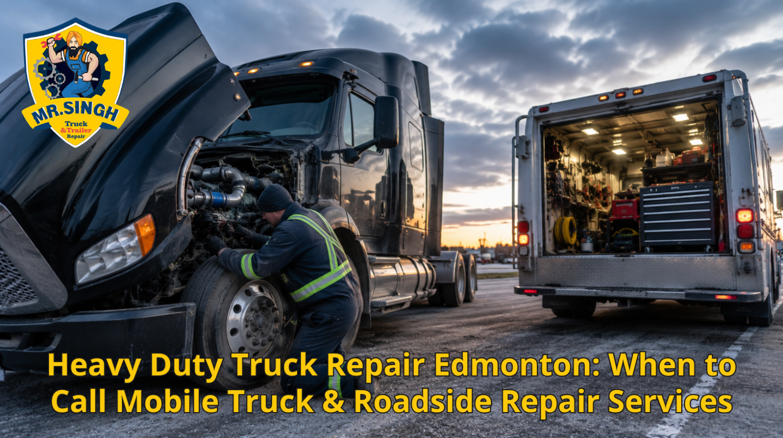 Heavy-duty truck receiving mobile roadside repair service in Edmonton by a professional mechanic