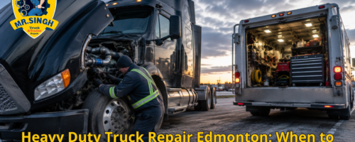 Heavy-duty truck receiving mobile roadside repair service in Edmonton by a professional mechanic